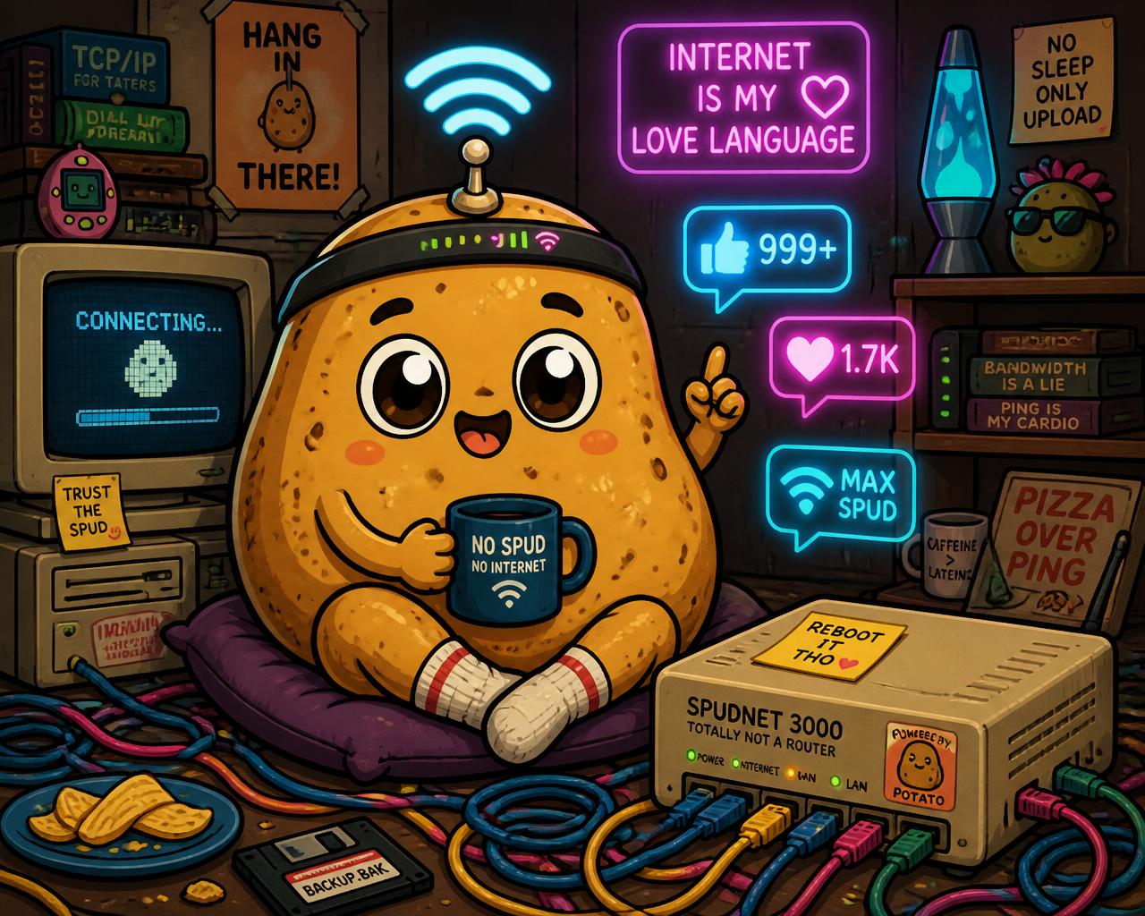 WiFiPotato sitting among cables, a retro router and glowing notifications